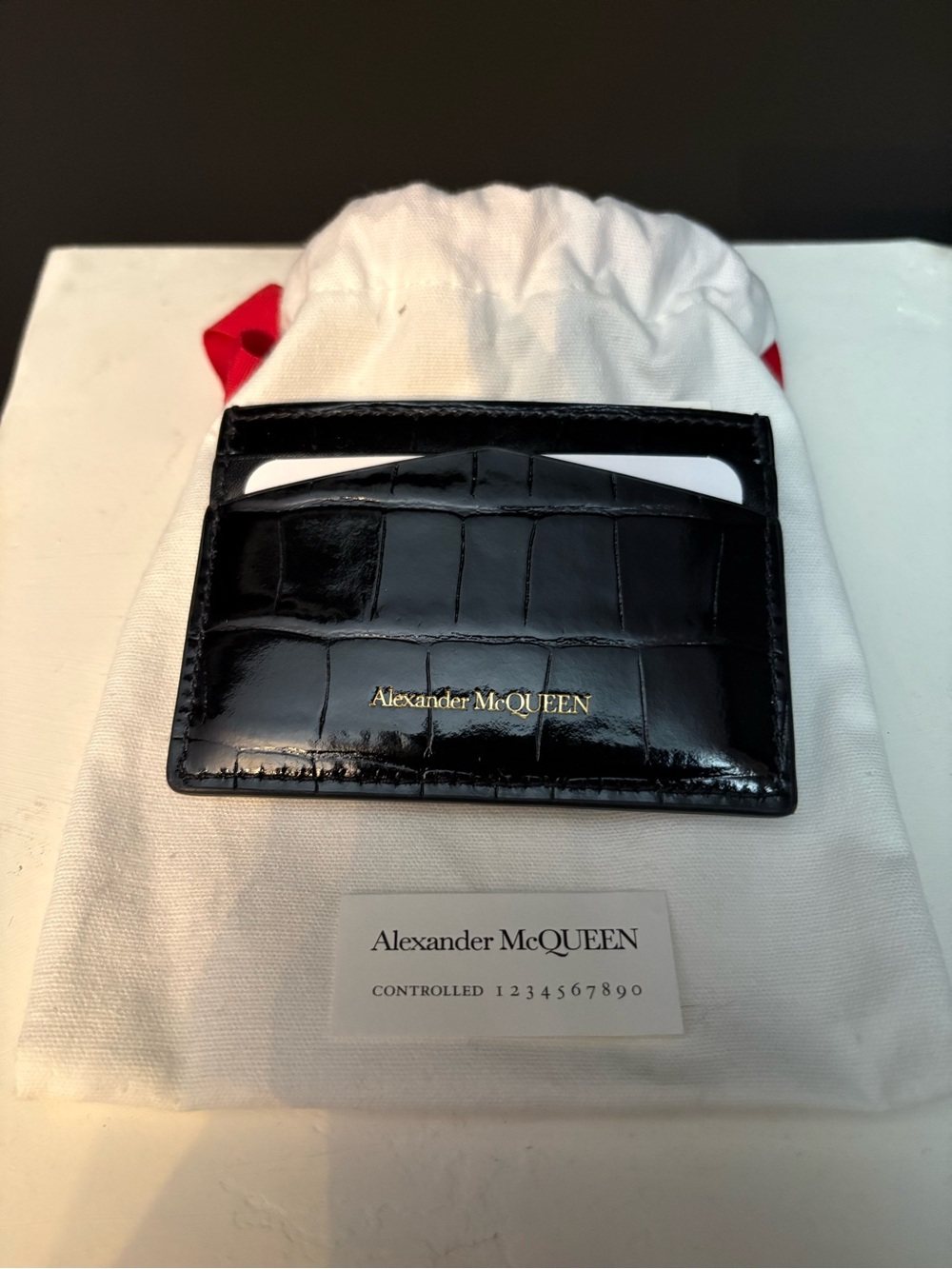 Alexander McQueen Black Croc-Embossed Leather Card Holder with Gold Skull - Picture 3 of 5